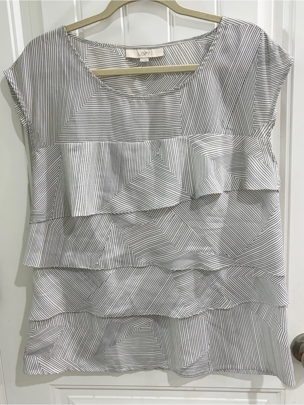 LOFT Women's Layered Striped Ruffle Top - White with Black Stripes Size Large